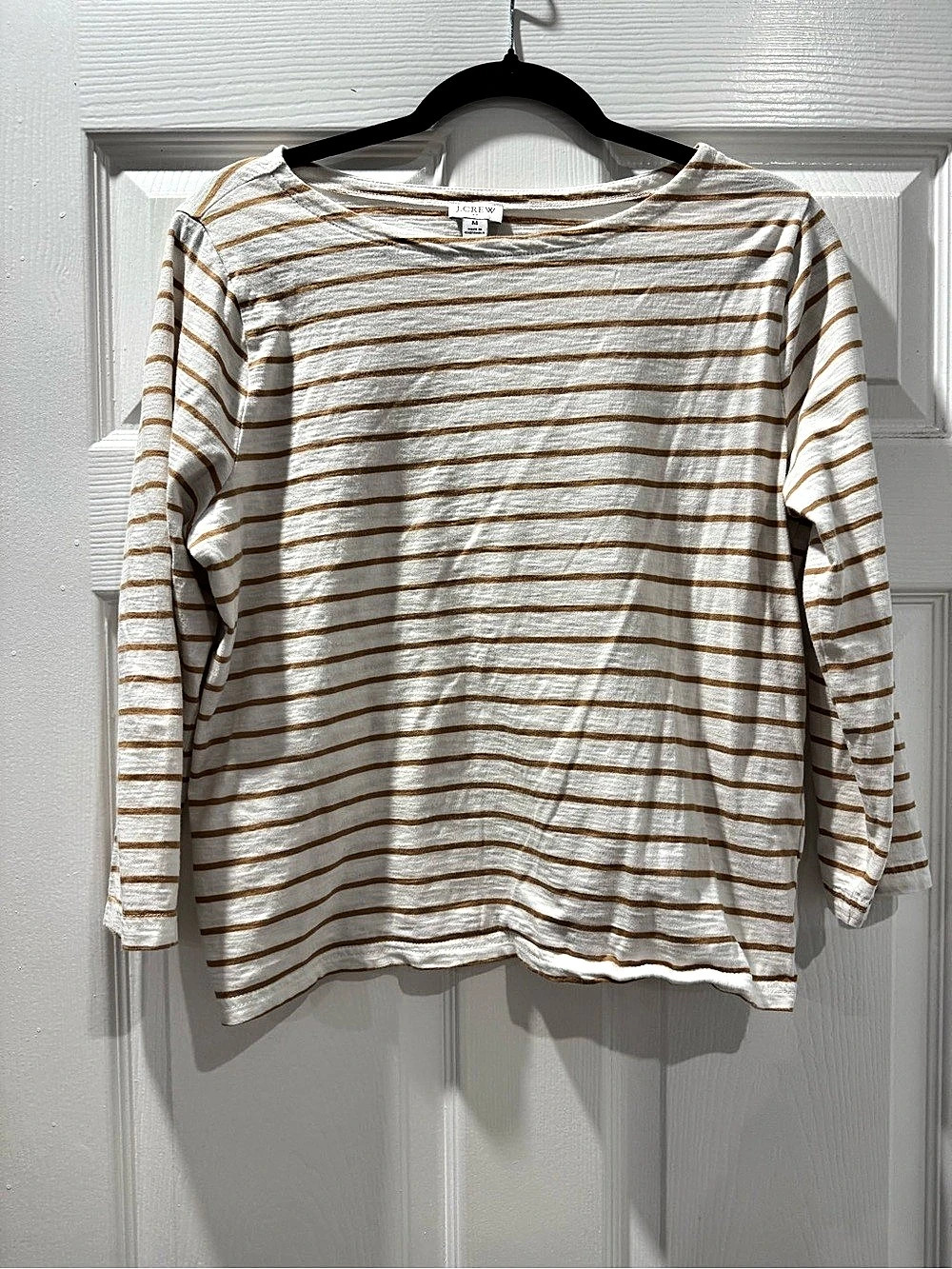 J.Crew Striped Long Sleeve Cotton Top in White & Brown Size Medium